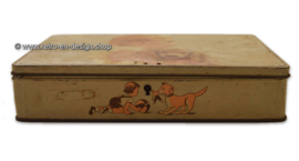 Jacques Superchocolat, antique tin drum with child and cocker spaniel