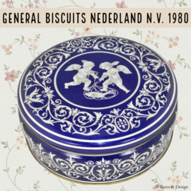 Vintage Ronde Blauw met Witte Koektrommel met Cherubijntjes van General Biscuits