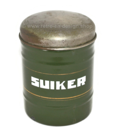 Dark green enamelled storage container for Sugar with white capital letters