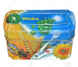 Orange and blue tin box for Wasa Crackers with images of a rooster, bee, sunflower, grain and fruit