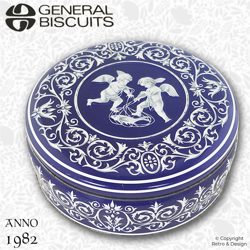 Vintage Blue Biscuit Tin with White Cherubs – Timeless Design from 1980