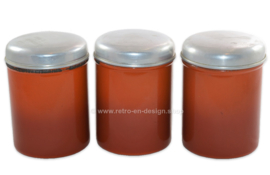 Brocante / juego antiguo de recipientes de almacenamiento de esmalte de color marrón anaranjado para café, azúcar y té (holandés)