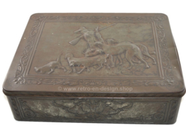 Large brocante tin box with hunting scene on hinged lid