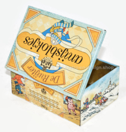 Rectangular vintage tin box with a winter scene for anise cubes by De Ruijter