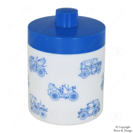 "Vintage opaline Mocha storage jar, blue with images of vintage cars"