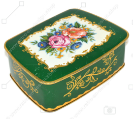 Vintage green tin with gold decorations and roses on the lid, container made in Germany