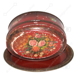 Oval vintage antique dark red candy tin with flower decoration and saucer