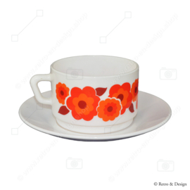 Arcopal Lotus soup bowl in orange/red floral pattern + saucer