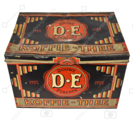 Large brocante shop counter tin by Douwe Egberts for coffee and tea