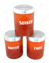 Brocante-Set orange/braune Emaille-Vorratsbehälter für Kaffee, Zucker und Tee