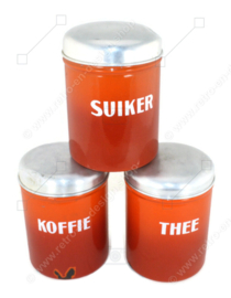 Brocante set orange/brown enamel storage containers for coffee, sugar and tea