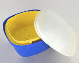 Multiservidor Tupperware vintage de colores brillantes en azul, amarillo y blanco