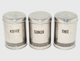 Ensemble de trois conteneurs de stockage vintage Van Nelle, jusqu'à l'acier inoxydable, fabriqués en Hollande