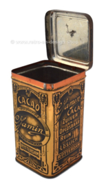 Rectangular high gold-colored tin drum for 1/2 kg. cocoa from C. Jamin, Rotterdam