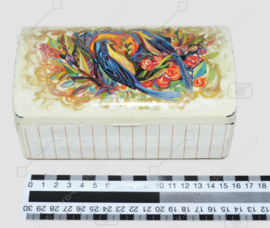 Vintage Douwe Egberts tin with rounded hinged lid and image of birds and flowers