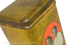 Lata de té rectangular vintage de color dorado con Juliana y Wilhelmina de los Países Bajos