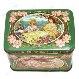 Vintage chocolate tin with images of four seasons and nostalgic ladies