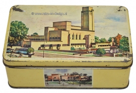 Vintage alte Blechdose mit das Rathaus und  verschiedene Fernsehanstalten in Hilversum