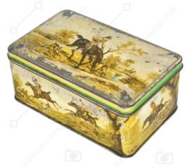 Vintage Blechdose von De Gruyter mit Pferden und einer englischen Jagdszene zur Fuchsjagd
