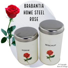 "Enchanting Retro Elegance: Set of Two Brabantia Tins with Rose Print for Coffee and Rusk"