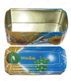 Orange and blue tin box for Wasa Crackers with images of a rooster, bee, sunflower, grain and fruit