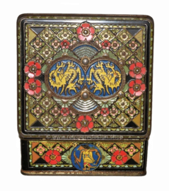 Vintage square tea tin with oriental motifs, dragons, wajang and flowers