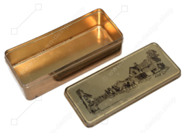 Gold-coloured tea tin or spoon box by Douwe Egberts with carriage and tea house