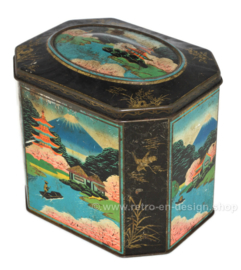Vintage Japans souvenirblikje voor fruitsnoepjes met afbeelding van pagode en de berg Fuji