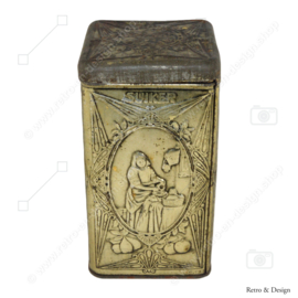 Antique tin for sugar with pouring lid and embossed embossed decorations by De Gruyter