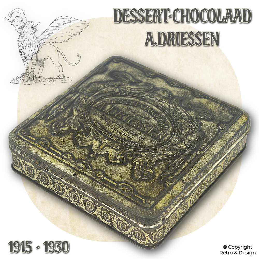 Lata Vintage de Chocolate A. Driessen – Chocolate de Postre con Relieve y Criaturas Mitológicas (ca. 1915–1930)