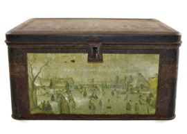 Caja de hojalata vintage con cierre y la pintura "IJsvermaak" de Hendrick Avercamp