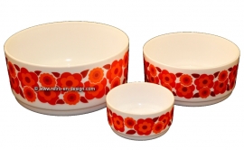 Arcopal France Lotus colección. tazones blancos con el modelo de flor rojo y naranja