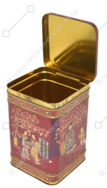 Vintage red-brown English tea tin with various oriental images