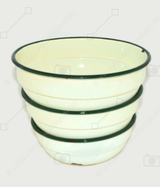 Brocante set of three enamel bowls with green border