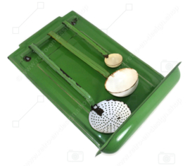 Brocante reseda green enamelled spoon rack with gold-coloured trim and three spoons