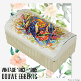 Lata Brocant Douwe Egberts con tapa redondeada con bisagras e imagen de pájaros y flores estilizados