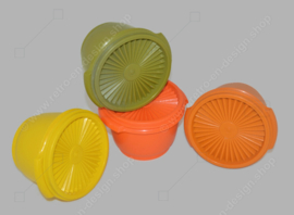 Complete set of four vintage Tupperware bowls with servalier lid in yellow, orange, green and brown