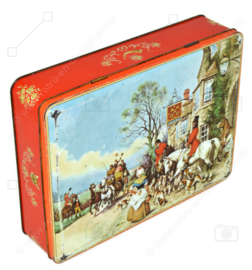 Vintage blikken trommel "Cross Keys" van McVitie's met koets, paarden, honden en mensen