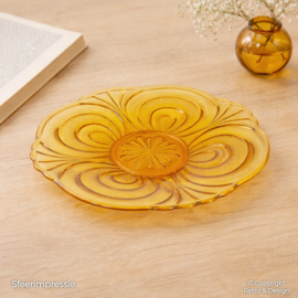 🟡 Vintage amberkleurige glazen schaal – persglas – Ø 23,5 cm