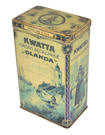 Lata rectangular para 1 kg de cacao calibrado "OLANDA" de KWATTA con presentaciones en cuadros de azulejos azules de Delft de un pueblo de pescadores