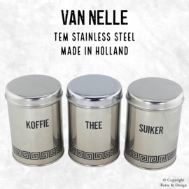 Juego de Tres Latas Vintage Van Nelle para Almacenaje de Café, Azúcar y Té – Fabricado en Holanda