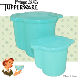 "Entdecken Sie den Charme dieses Vintage-Tupperware-Sets: Milchkännchen und der größere Krug in Pastellblau"
