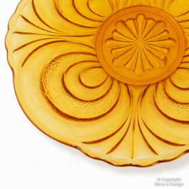 🟡 Vintage amberkleurige glazen schaal – persglas – Ø 23,5 cm