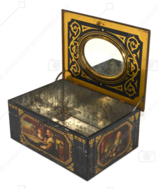 Caja de hojalata vintage con cerradura y llave y espejo en la tapa interior