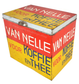 Große rechteckige Ladenblechdose von Van Nelle für Kaffee und Tee in gelb-rot-schwarz. Bekkers, Dordt