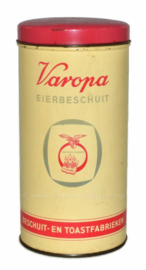 Vintage blikken beschuitbus voor Varopa eierbeschuit.
