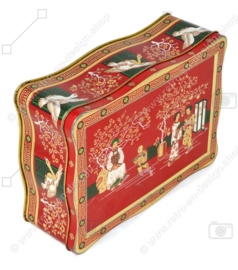 Vintage tea tin in red, green, gold and black with oriental images