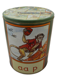 Gran lata estaño de almacenamiento redondo vintage "Aap, Noot, Mies"