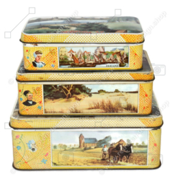 Set of three vintage tins, “De Bruin, koek” with various Dutch cities, Honing in uw woning!