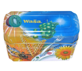 ​Orange and blue tin box for Wasa Crackers with images of a rooster, bee, sunflower, grain and fruit